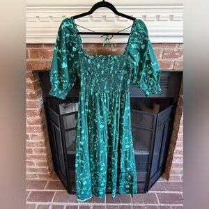 Hill House Home Green Floral Smocked Midi Dress with Puff Sleeves